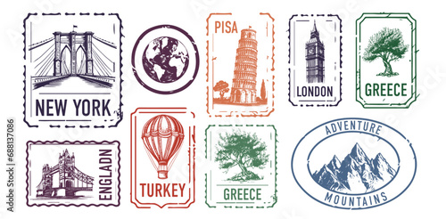 Collection of city stamps, London, Turkey, Greece, New York, Pisa, Mountains.