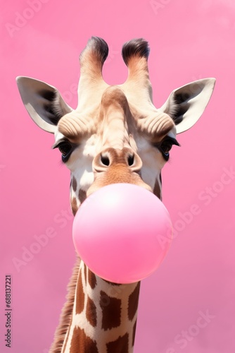 Portrait of giraffe blowing pink bubblegum, on pink background