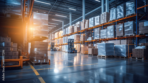A retail warehouse filled with shelves stocked with cartons, pallets, forklifts, and blurred logistics and transportation in the background; a hub for product distribution, photo