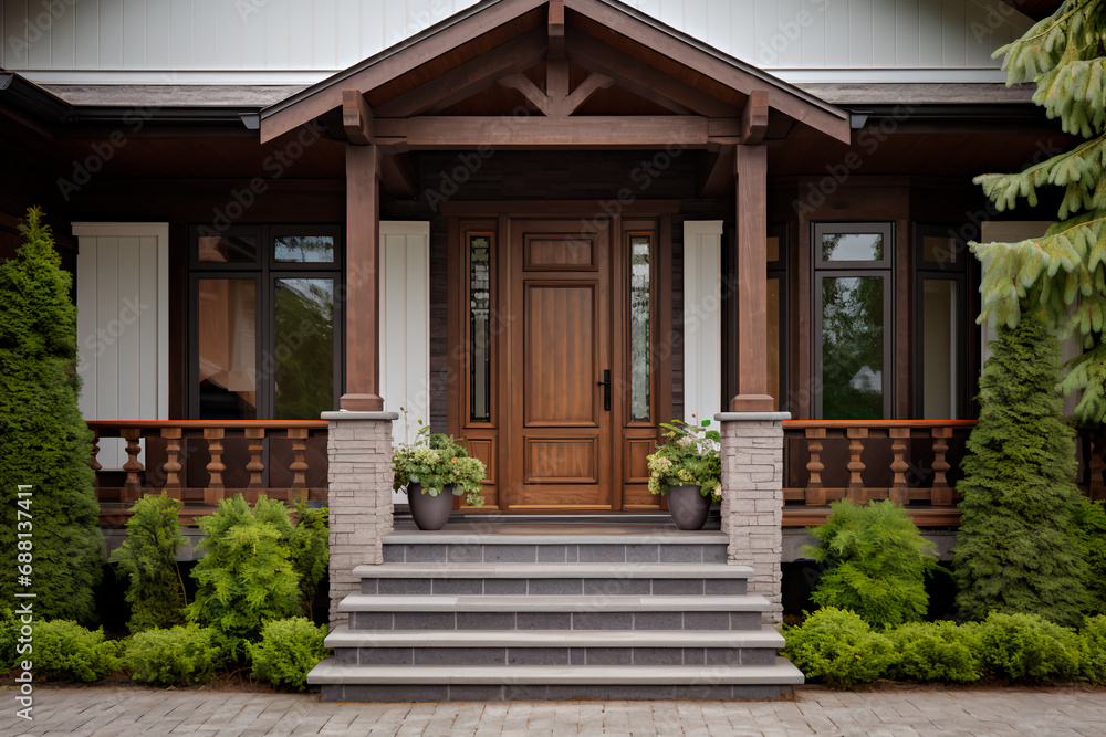 Fototapeta premium Georgian-style cottage entrance with wooden door, gabled porch, white columns, and stone cladding.