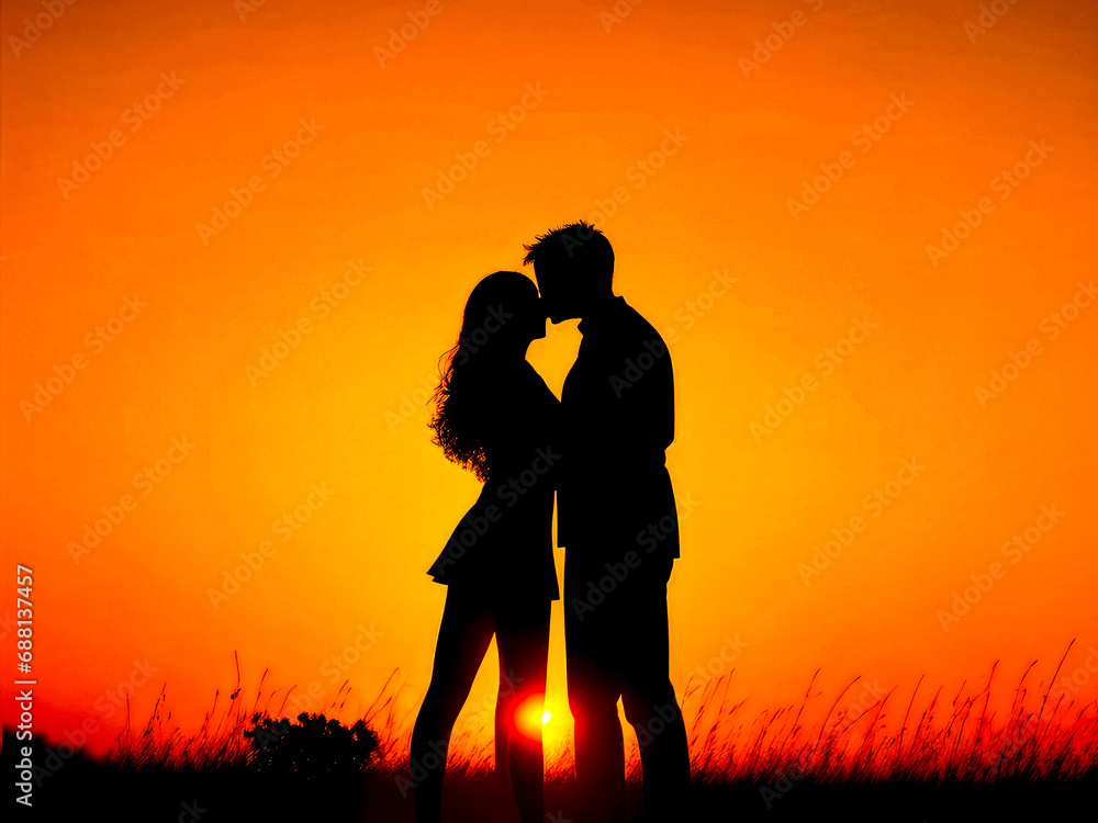 Silhouette of a couple in the sunset, hugging each other. Valentine's day, romantic and love theme. Generative AI