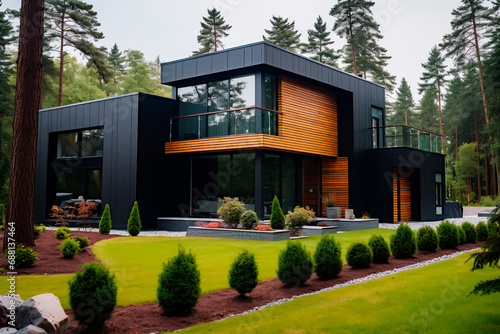 Exterior view of a modern minimalist two-story private house with a cubic design, situated in a forest. The black walls are adorned with timber wood cladding, and the back yard features a beautiful la
