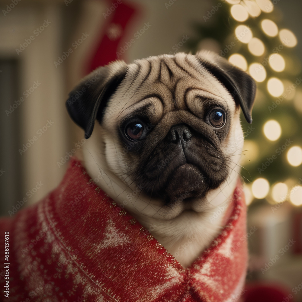 Pug in a festive New Year's outfit, close-up, Christmas background