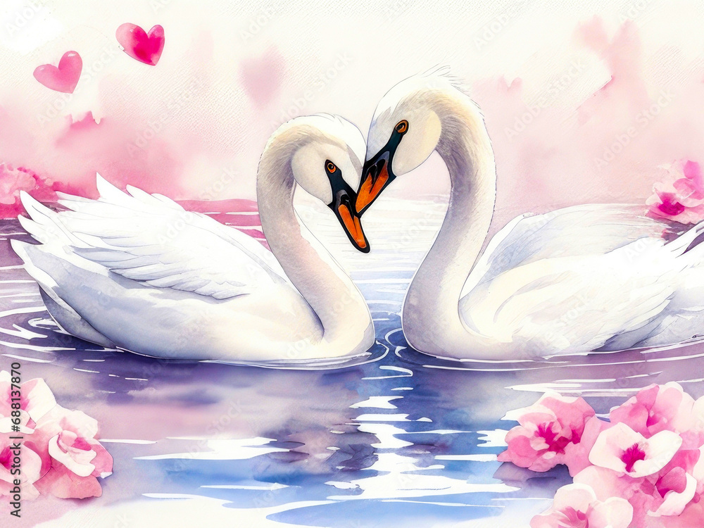 Fototapeta premium Two swans in a tender embrace, watercolor illustration. Valentine's Day card. With space for text. Generative AI