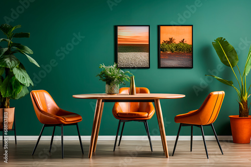 In a modern living room with Scandinavian and mid-century interior design  orange leather chairs surround a round dining table against a green wall  creating a stylish and vibrant space.