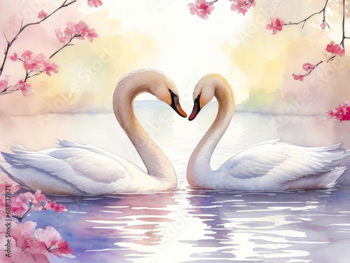 Two swans in a tender embrace, watercolor illustration. Valentine's Day card. With space for text. Generative AI © dana