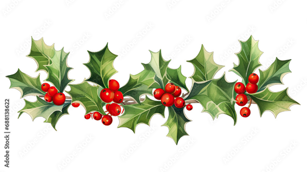 Holly leaves and berries isolated on white or transparent background generative ai