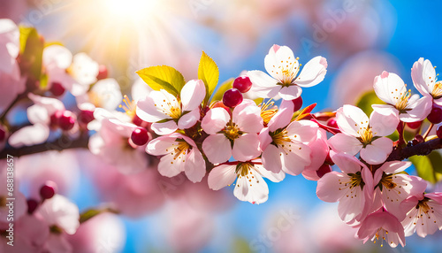 Lush sakura flowers blooming in spring, cherry blossoms for the holiday,