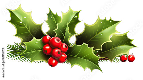 Holly leaves and berries isolated on white or transparent background generative ai