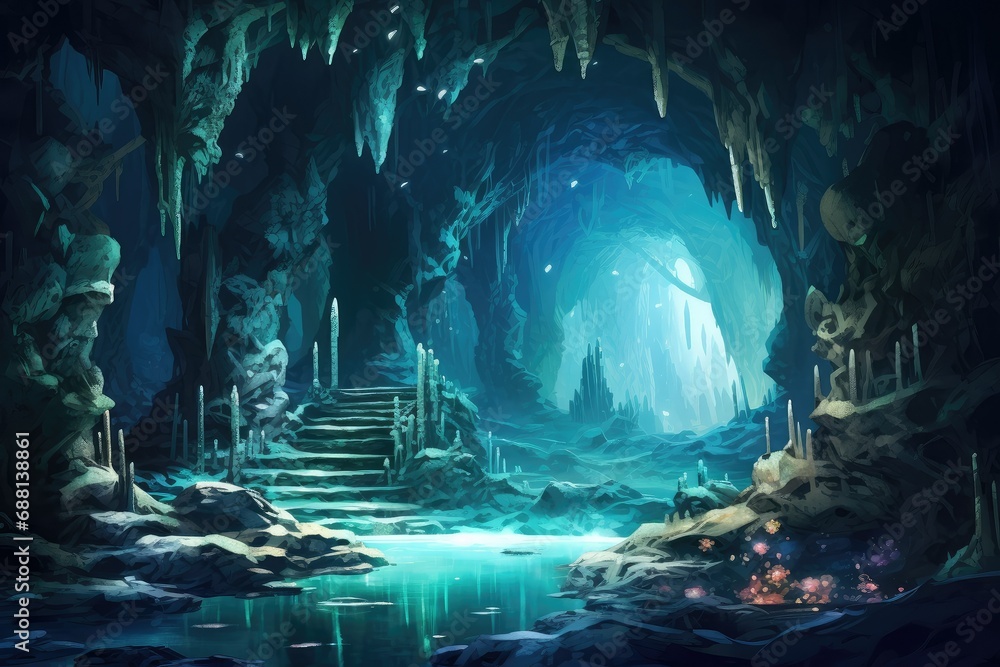 Fantasy landscape with cave and water, 3d rendering, Computer digital drawing, Lost kingdom of Atlantis concept, underwater ruins. Fantasy landscape with cave and water, 3d rendering, Computer digital drawing, Lost kingdom of Atlantis concept, underwater ruins.