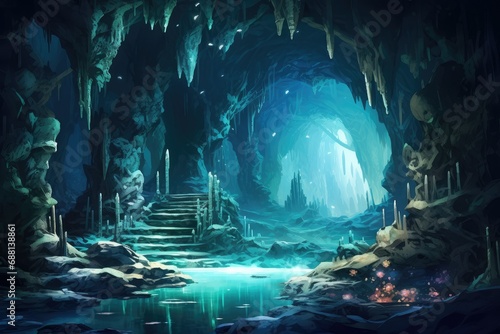 Fantasy landscape with cave and water, 3d rendering, Computer digital drawing, Lost kingdom of Atlantis concept, underwater ruins. photo
