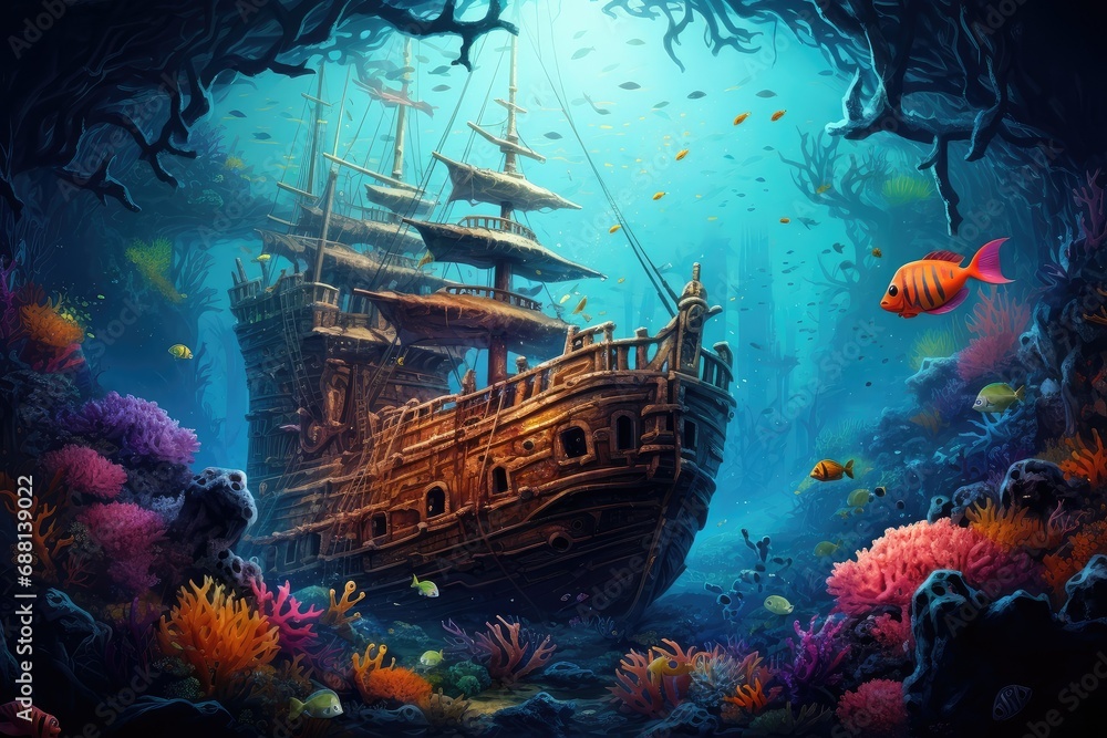 Fototapeta premium Underwater scene with pirate ship and coral reef, 3D rendering, Ocean underwater landscape with sunken sailing ship, seaweed and reef, Sunken pirate ship on sea