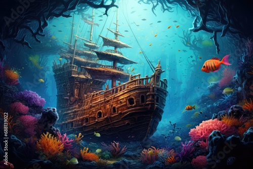 Underwater scene with pirate ship and coral reef, 3D rendering, Ocean underwater landscape with sunken sailing ship, seaweed and reef, Sunken pirate ship on sea photo