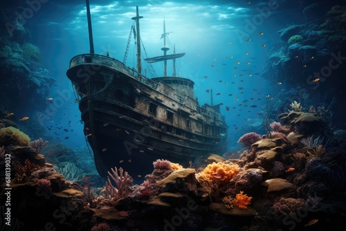 Beautiful underwater world with coral reef and shipwreck, 3d rendering, Sunken ship at the bottom of the ocean, Sunken pirate ship in sea © Jahan Mirovi