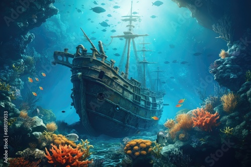 Beautiful underwater world with corals, fish and old ship, coral reef with fish and a shipwreck at the bottom in the blue sea. Underwater landscape, a shipwreck at sea © Jahan Mirovi