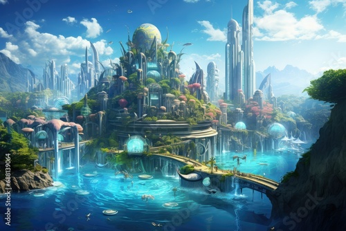 Fantasy alien planet, Mountain and sea, 3D illustration, Extraterrestrial pc game backdrop, Fantasy illustration of a fantasy world, Fairy Tale Story Background, fantasy world