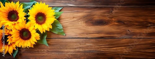 sunflowers against a wooden background,, horizontal banner, large copy space for text, spring and summer concept