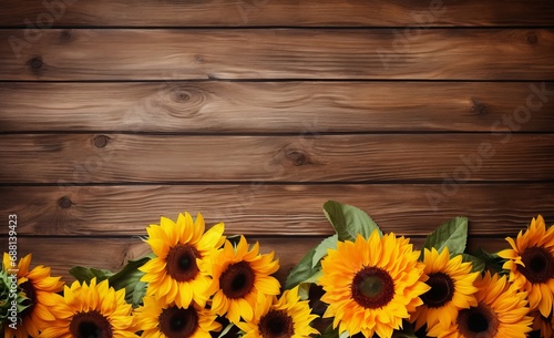 sunflowers against a wooden background,, horizontal banner, large copy space for text, spring and summer concept