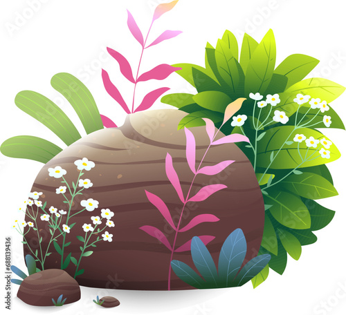 Forest or garden stone with plants and flowers isolated object. Grass leaves and flowers with a stone, decoration clipart. Hand drawn nature vector illustration in watercolor style for kids.
