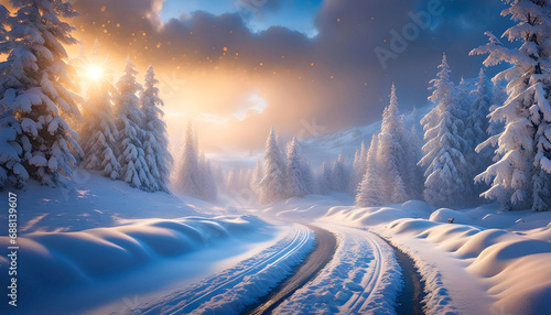 Calming winter landscape with snowfall and blizzard, beautiful photo wallpaper, winter theme, Christmas theme, © Perecciv