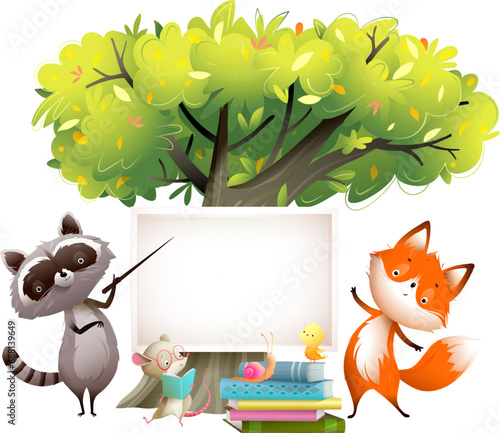 Cute animals at school reading books and studying in forest under big tree. Cartoon for children education. Vector hand drawn clip art illustration in watercolor style for kids.