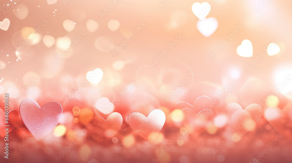 Festive background banner of hearts with bokeh for Valentine's Day cards and greetings, on pink background. Hearts of different shapes and sizes are used as design element. Concept love. Copy space. Festive background banner of hearts with bokeh for Valentine's Day cards and greetings, on pink background. Hearts of different shapes and sizes are used as design element. Concept love. Copy space.