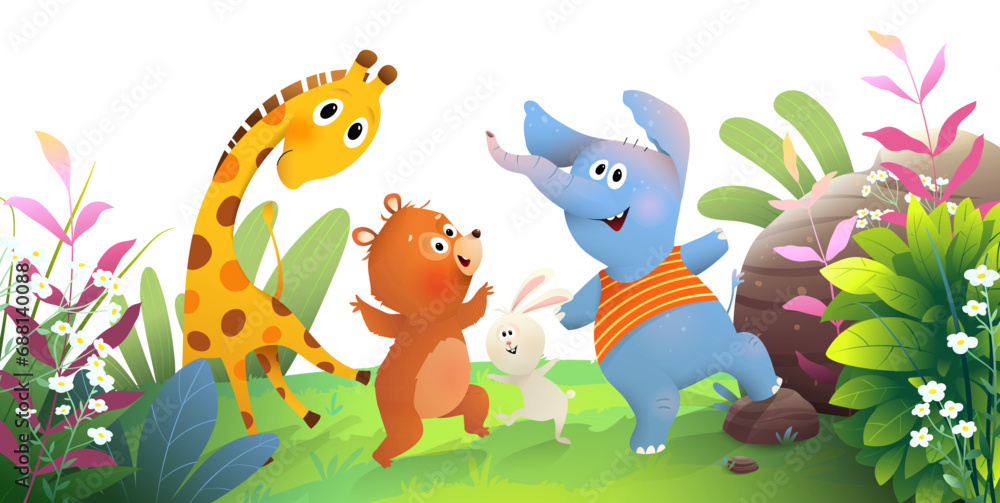Obraz premium Cute animals dancing and jumping playing in forest. Jungle cartoon for kids party and children events. Artistic hand drawn zoo cartoon. Hand drawn vector illustration in watercolor style for kids.