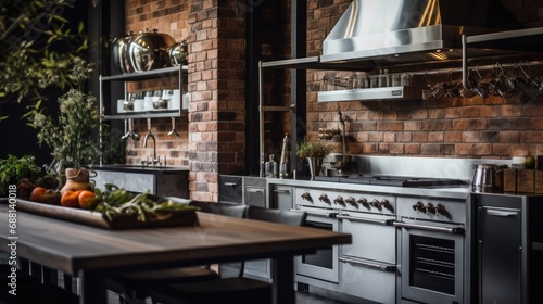 Stylish kitchen corner with dark tones, brick wall, and an abundance of greenery on shelves.