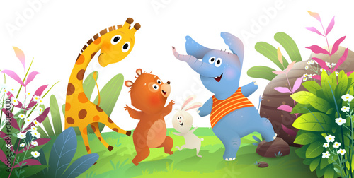 Cute animals dancing and jumping playing in forest. Jungle cartoon for kids party and children events. Artistic hand drawn zoo cartoon. Hand drawn vector illustration in watercolor style for kids.