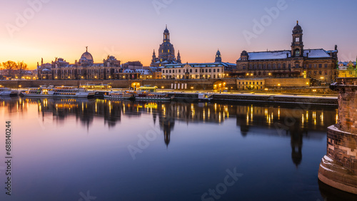 The historical waterfront with baroque buildings in Dresden early in the winter dawn.  photo