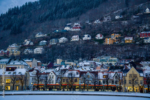 Bergen, Norway - December 1 2023 : Breathtaking Bergen, where hills, homes, and trains come together in one frame.