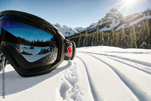 A ski mask or goggles lies on the snow high in the mountains. Skiing and recreation © Vadzim