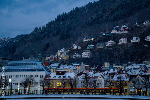 Bergen, Norway - December 1 2023 : Breathtaking Bergen, where hills, homes, and trains come together in one frame.