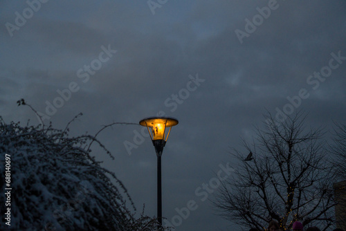 Poles aglow with lights, casting a warm glow in the snowy evening.