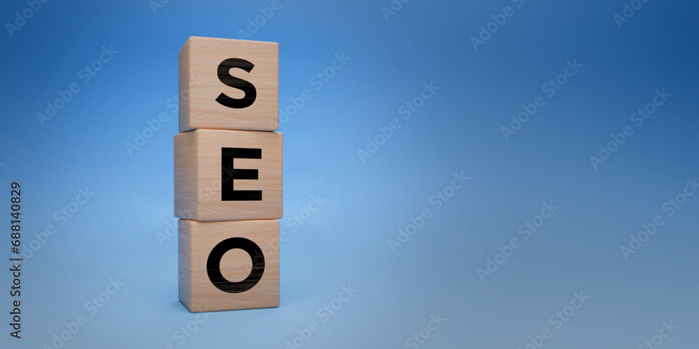 Wooden blocks spelling SEO, search engine optimization concept, digital marketing strategy, blue background with space for text, online business visibility concept Wooden blocks spelling SEO, search engine optimization concept, digital marketing strategy, blue background with space for text, online business visibility concept