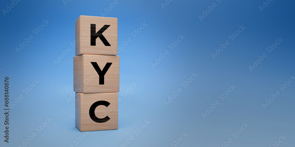 Wooden blocks stacked with KYC letters, know your customer concept, financial regulatory compliance, blue background with ample copy space, business and finance concept Wooden blocks stacked with KYC letters, know your customer concept, financial regulatory compliance, blue background with ample copy space, business and finance concept
