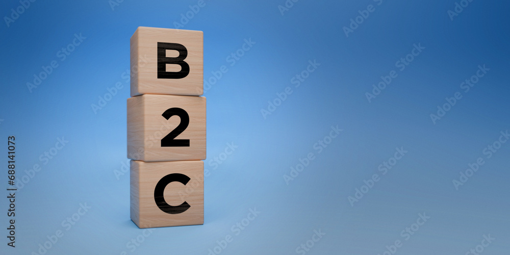 Wooden blocks with B2C letters, business to consumer concept, retail marketing strategy, blue background with space for text, direct sales and customer relations concept Wooden blocks with B2C letters, business to consumer concept, retail marketing strategy, blue background with space for text, direct sales and customer relations concept