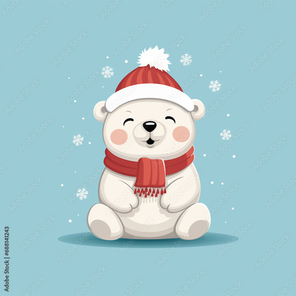 A 2D Cartoon Art of a Happy Polar Bear wearinf santa's hat and red scarf, Brimming with Christmas Cheer - Cute, Minimalistic, and With No Background for Effortless Inclusion in Your Festive Designs. A 2D Cartoon Art of a Happy Polar Bear wearinf santa's hat and red scarf, Brimming with Christmas Cheer - Cute, Minimalistic, and With No Background for Effortless Inclusion in Your Festive Designs.