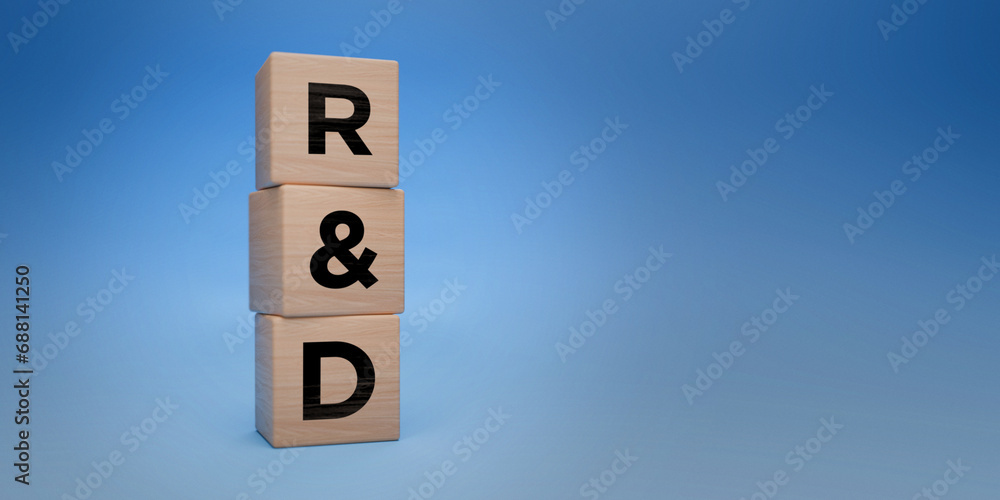 Wooden blocks with R&D letters, research and development concept, innovation and technology advancement, blue background with space for text, scientific research and industrial development concept Wooden blocks with R&D letters, research and development concept, innovation and technology advancement, blue background with space for text, scientific research and industrial development concept