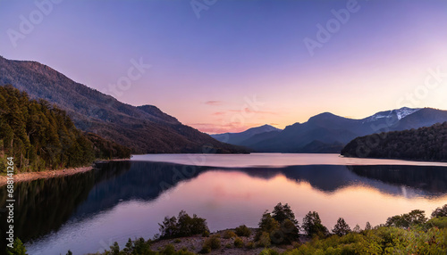 lake surrounded by forested mountains under a purple sky at sunset