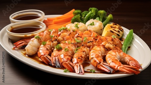 Seafood that includes crab and shrimp along with sauces