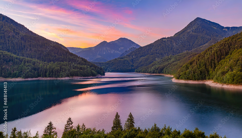 lake surrounded by forested mountains under a purple sky at sunset