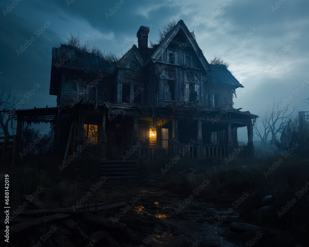 A Haunting Abode Illuminated in the Enveloping Darkness. A creepy house with a light on in the dark A Haunting Abode Illuminated in the Enveloping Darkness. A creepy house with a light on in the dark