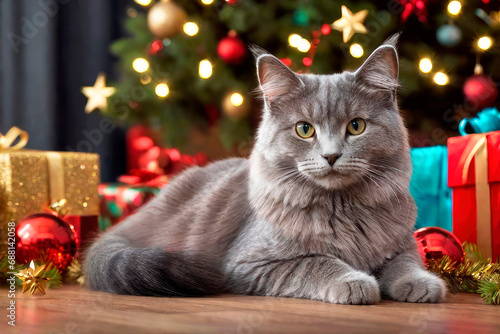 New Year's happiness pets. Domestic cute cat on a New Year's backgrounds with gifts.