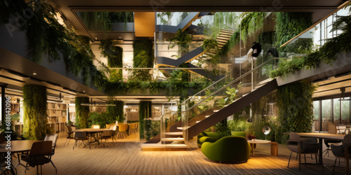 Biophilic offices in London. A room with a lot of plants on the walls