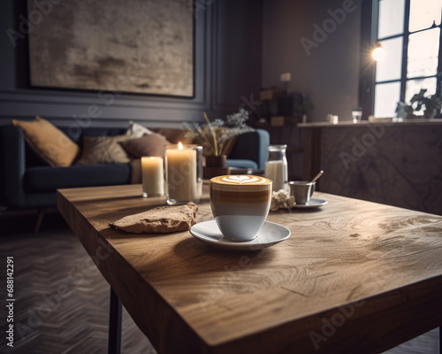 Macchiatto coffee with latte. A table with a cup of coffee on it photo