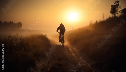 MTB trail of mountain biker at sunrise. A man riding a bike down a dirt road