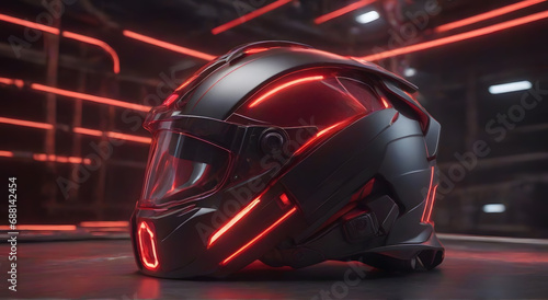 Black Motorcycle Helmet, red neon rays © Mahdi Langari