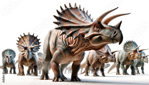 anatomical illustration Approximative of triceratops group. Group of triceratops on white background. Generative Ai. © angellodeco