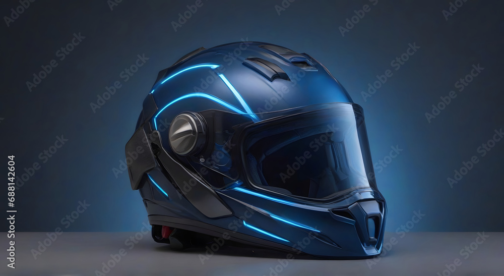 Dark blue motorcycle helmet, blue neon rays Dark blue motorcycle helmet, blue neon rays